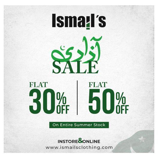 Ismail's Urban Studio Azadi Sale! Flat 30 & 50 OFF, from 11th August